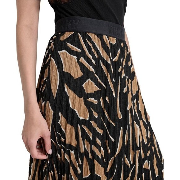 DKNY Women's Pull-On Printed Pleated Midi Skirt Black Brown L - Picture 3 of 10
